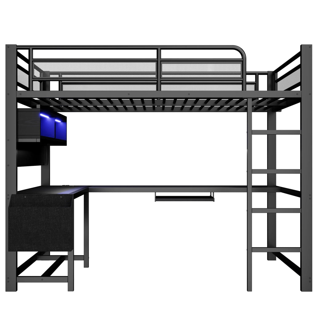 Letto a soppalco 140x200 cm con scrivania; LED e stazione di ricarica in MDF e metallo nero