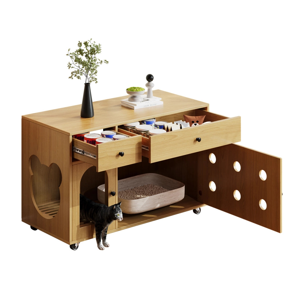 Mobile coperto per lettiera per gatti con 2 cassetti e ripiano superiore, per soggiorno, in MDF, naturale, 100 × 45 × 66 cm
