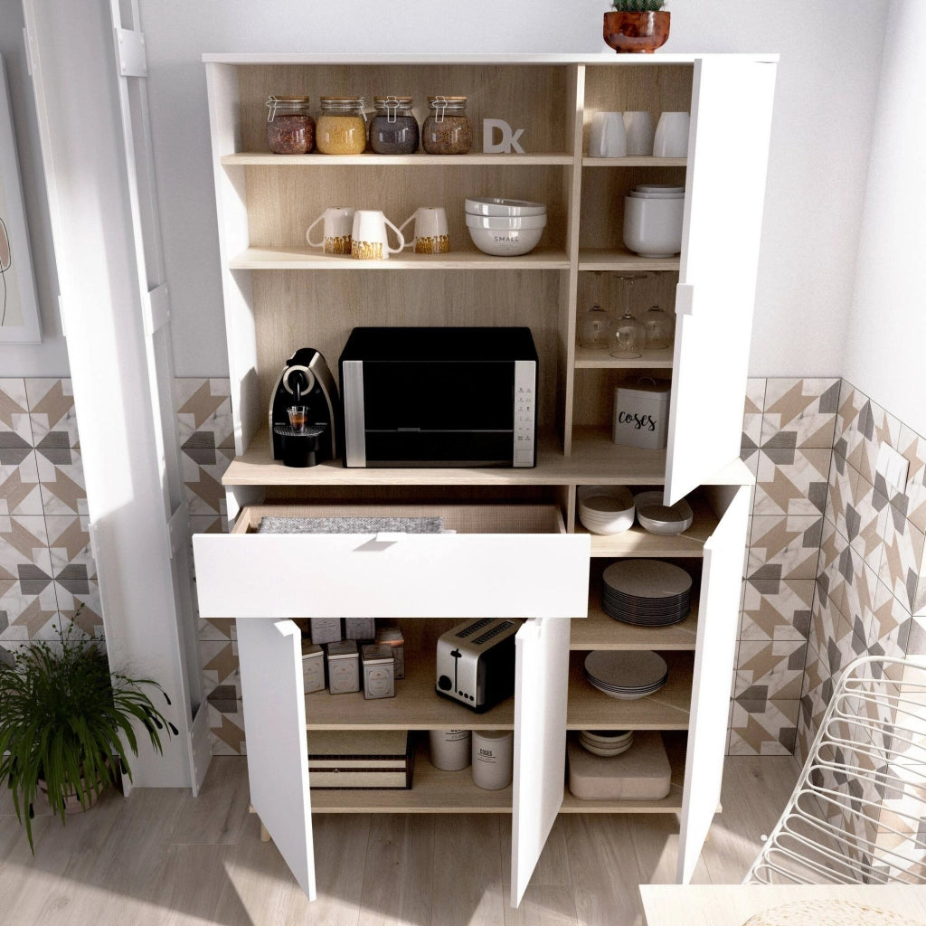Credenza Aeris, Buffet dispensa da soggiorno, Madia da salotto moderna a 4 ante, 120x40h191 cm, Bianco e Rovere