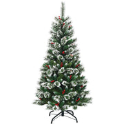 Albero di Natale innevato e non illuminato con base resistente di metallo, Abete artificiale con bacche rosse
