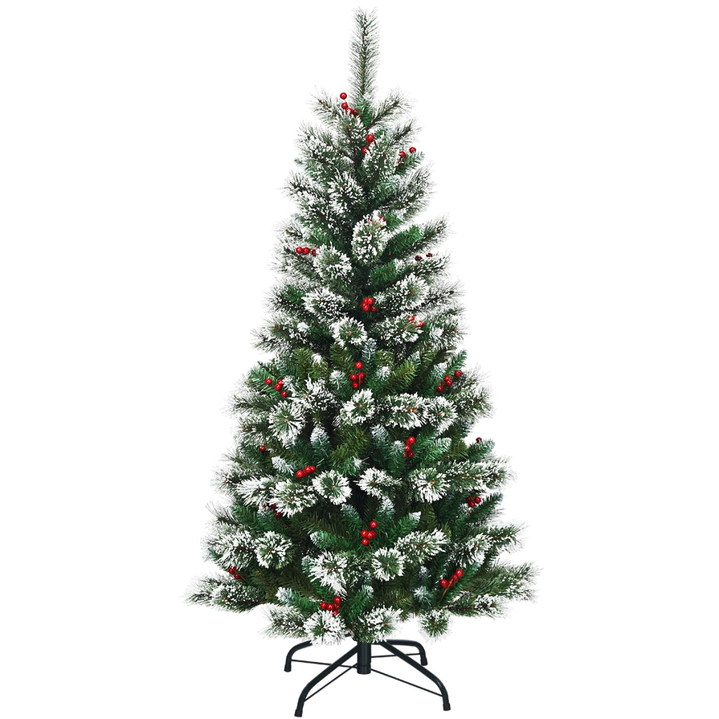 Albero di Natale innevato e non illuminato con base resistente di metallo, Abete artificiale con bacche rosse