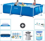 Piscina Reclinabile a Forma di Rettangolo - 300 x 200 x 75 cm - Blu - Inclusa Copertura - Kit di Manutenzione - Pompafiltro per Piscine - Filtro - Copertura del Terreno - Aspirapolvere