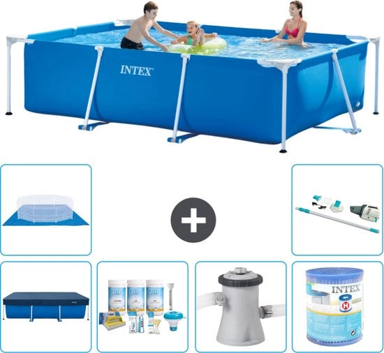 Piscina Reclinabile a Forma di Rettangolo - 300 x 200 x 75 cm - Blu - Inclusa Copertura - Kit di Manutenzione - Pompafiltro per Piscine - Filtro - Copertura del Terreno - Aspirapolvere