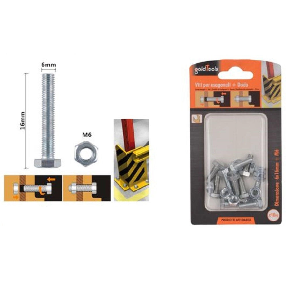 Trade Shop - Set 10 Pz Vite Viti Per Esterno A Testa Esagonali 6x16mm Con Dadi Dado M6 90914 -