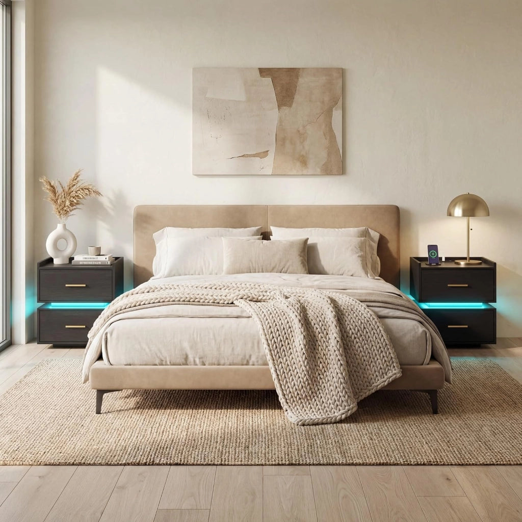 Comodino con stazione di ricarica, comodino con illuminazione a LED e telecomando, 2 cassetti, per soggiorno, camera da letto, ufficio, 45 x 40 x 48 cm (nero)