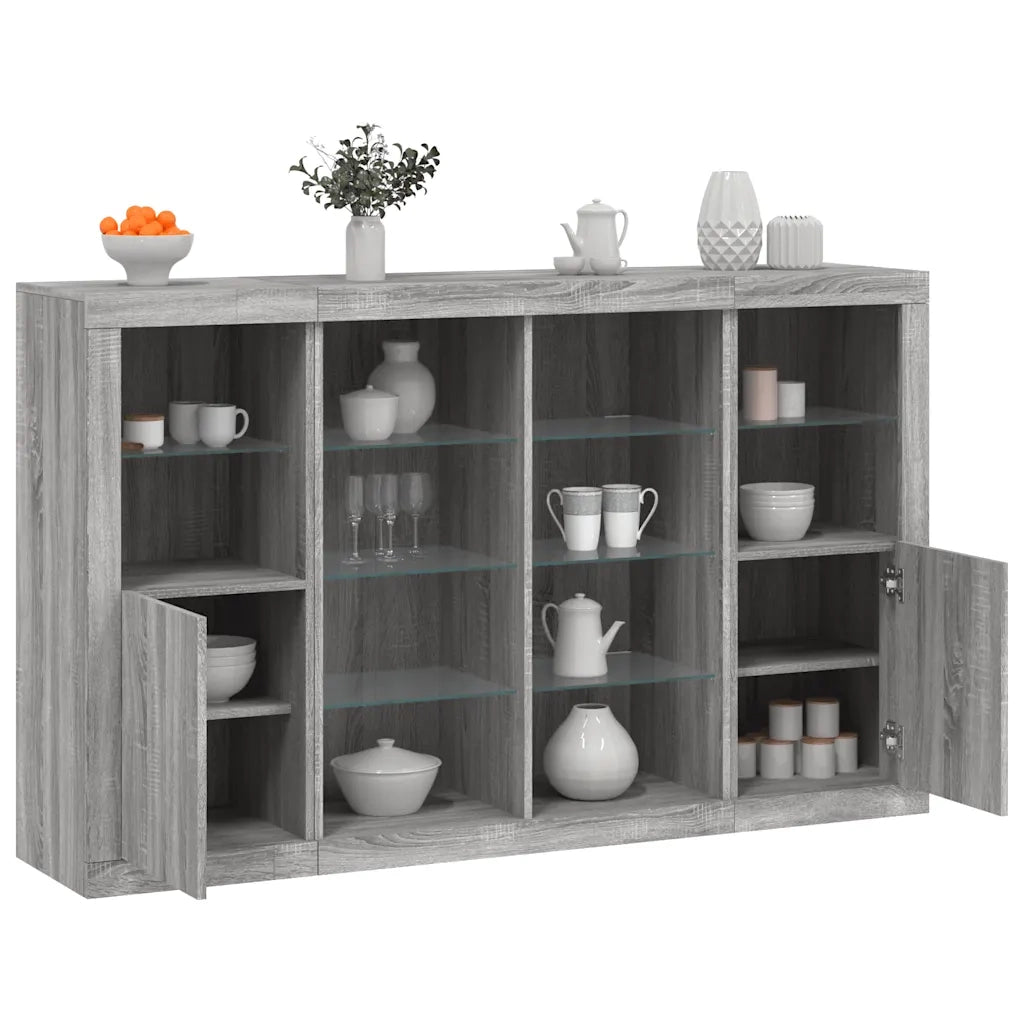 Credenze con Luci LED 3 pz | Madia | Buffet da pranzo | Armadio da pranzo Grigio Sonoma in Legno Multistrato