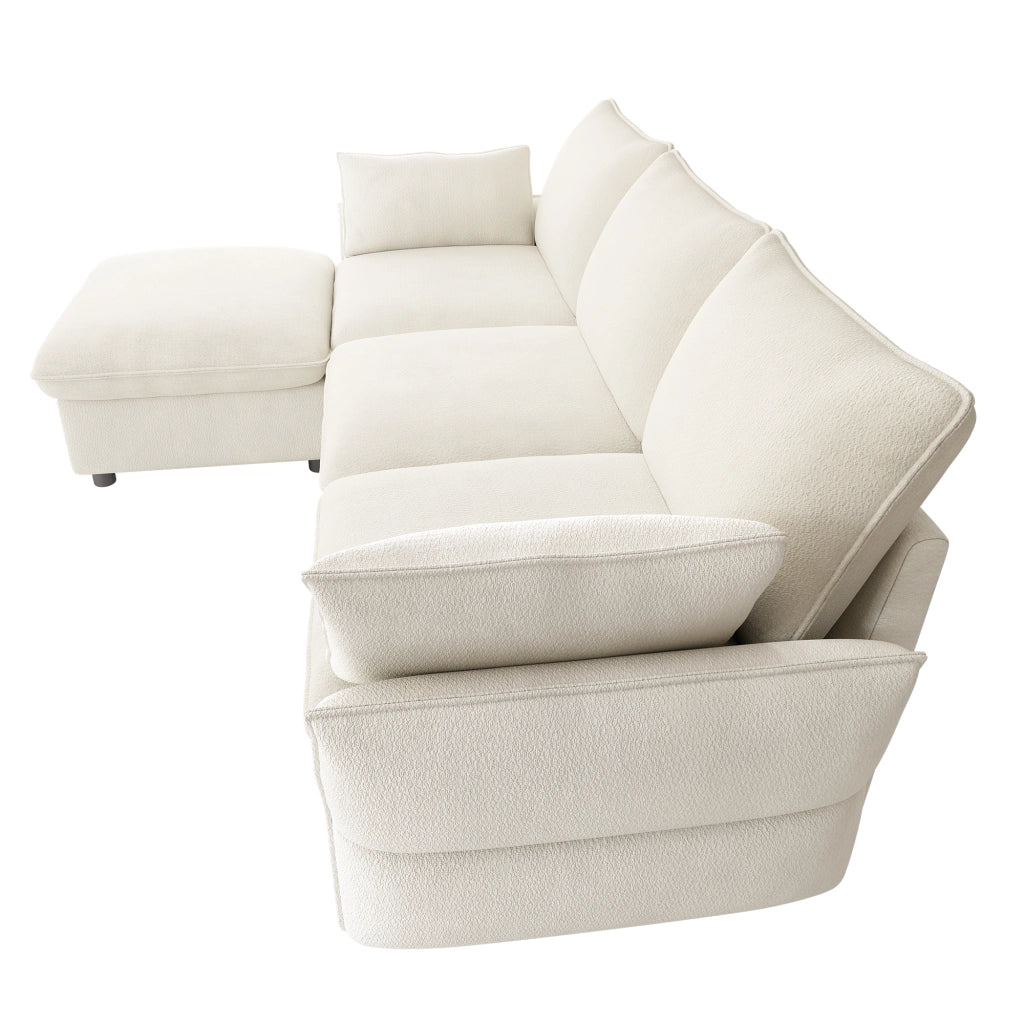 Divano angolare in chenille con pouf e 2 cuscini, struttura in schiuma elastica beige 222,5 × 154,5 × 76,5 cm