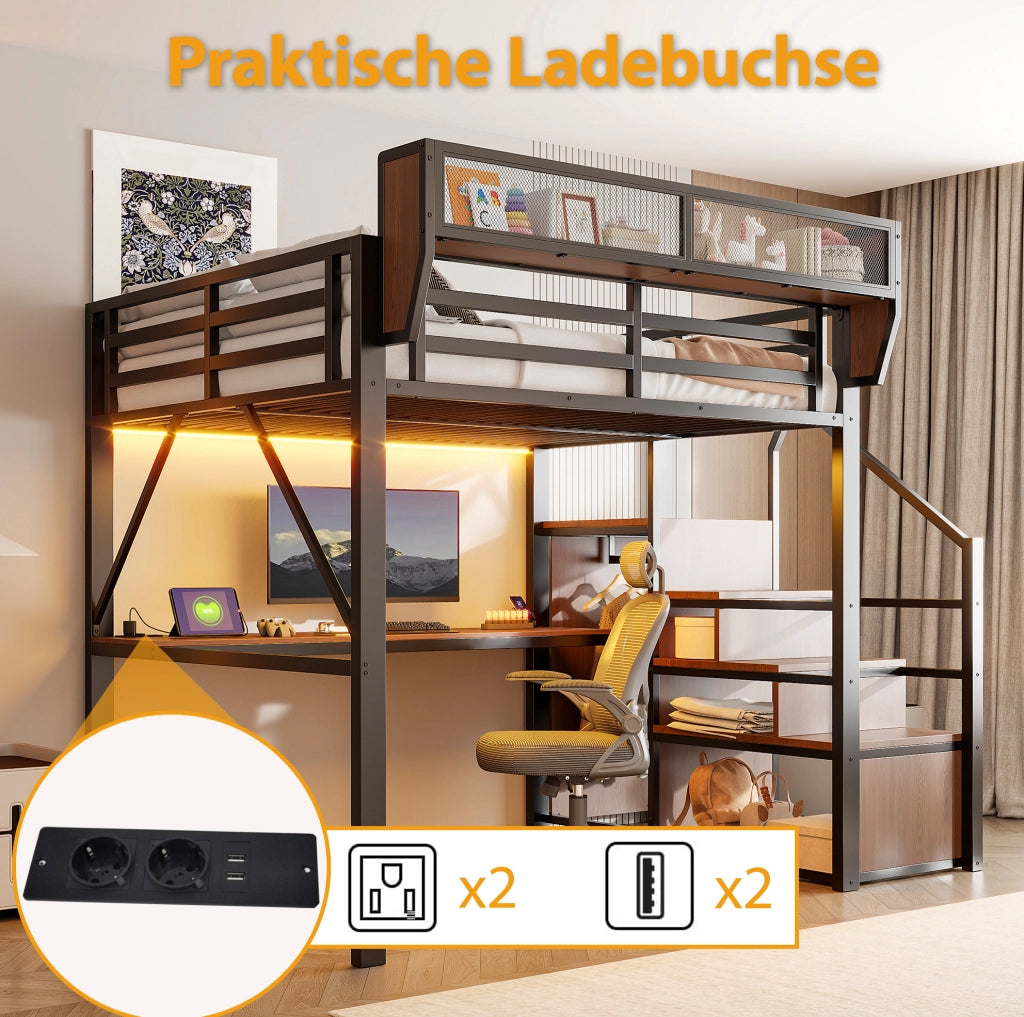 LETTO a soppalco 140x200 cm in metallo nero con scrivania e LED