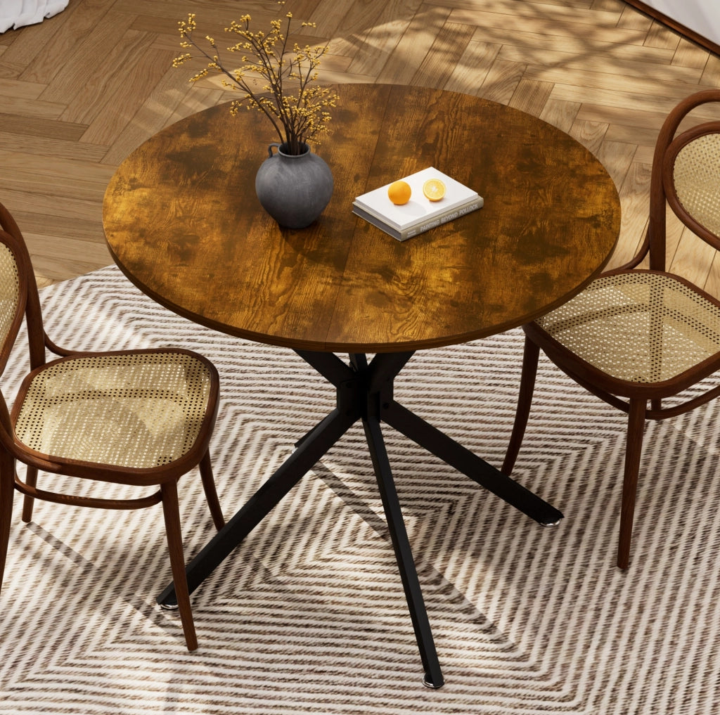Tavolo da pranzo rotondo 90x90x78 cm; stile vintage con gambe in metallo; pannello truciolare; nero e marrone rustico
