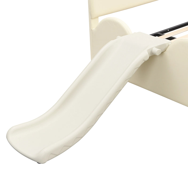 OKWISH Letto a capanna 140×200 cm, Letto Matrimoniale per Bambini con Scivolo, Scaletta e Forma Orso, senza Materasso, in PU, Beige
