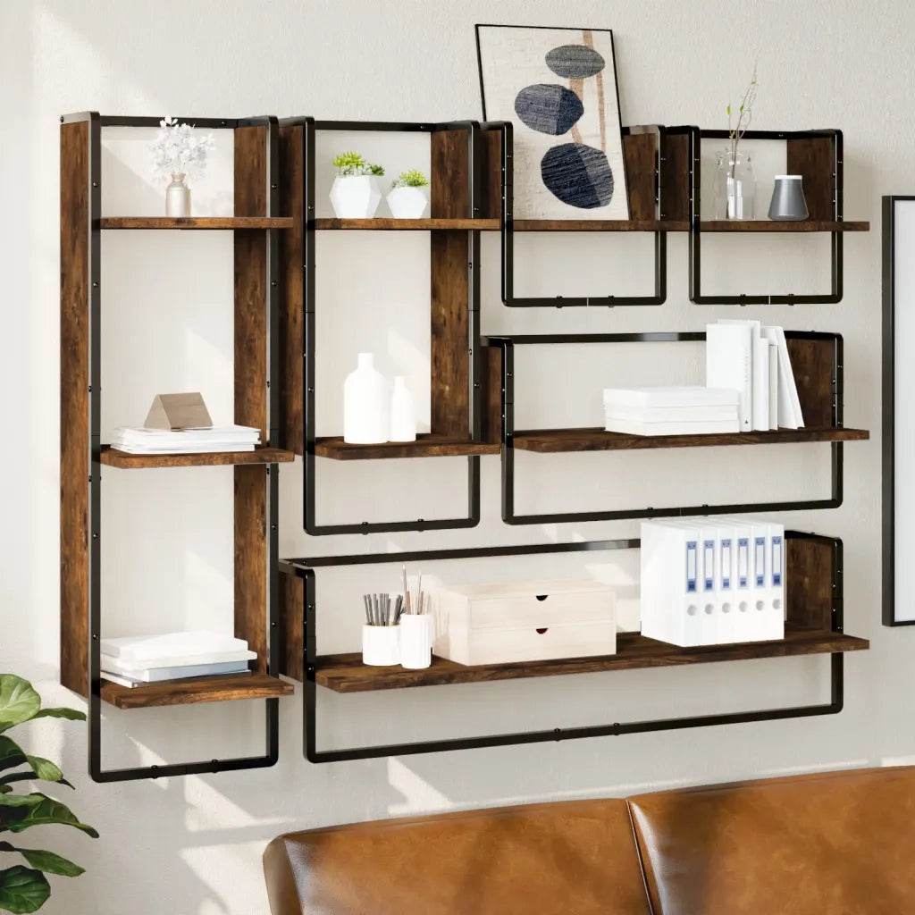 Set 6 pz Mensole Parete | Mensola sospesa con Aste Rovere Fumo Legno Multistrato