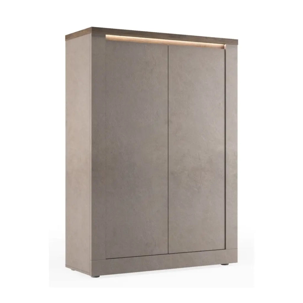 Buffet alto SASHA – 2 porte con 3 scaffali e LED – Bronzo e piano in legno Mercurio