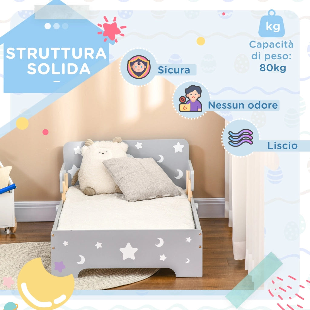 Struttura Letto Singolo per Bambini 143x76x49 cm con Motivi a Stelle e Luna in Pannelli di MDF e Truciolato Grigio