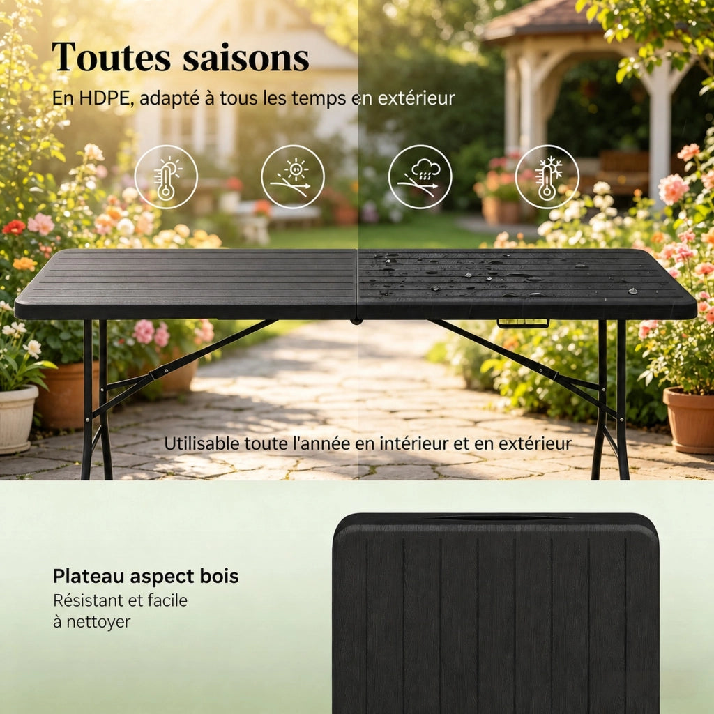 Tavolo pieghevole da esterno 180x74 cm in HDPE e metallo, colore nero, portata 120 kg