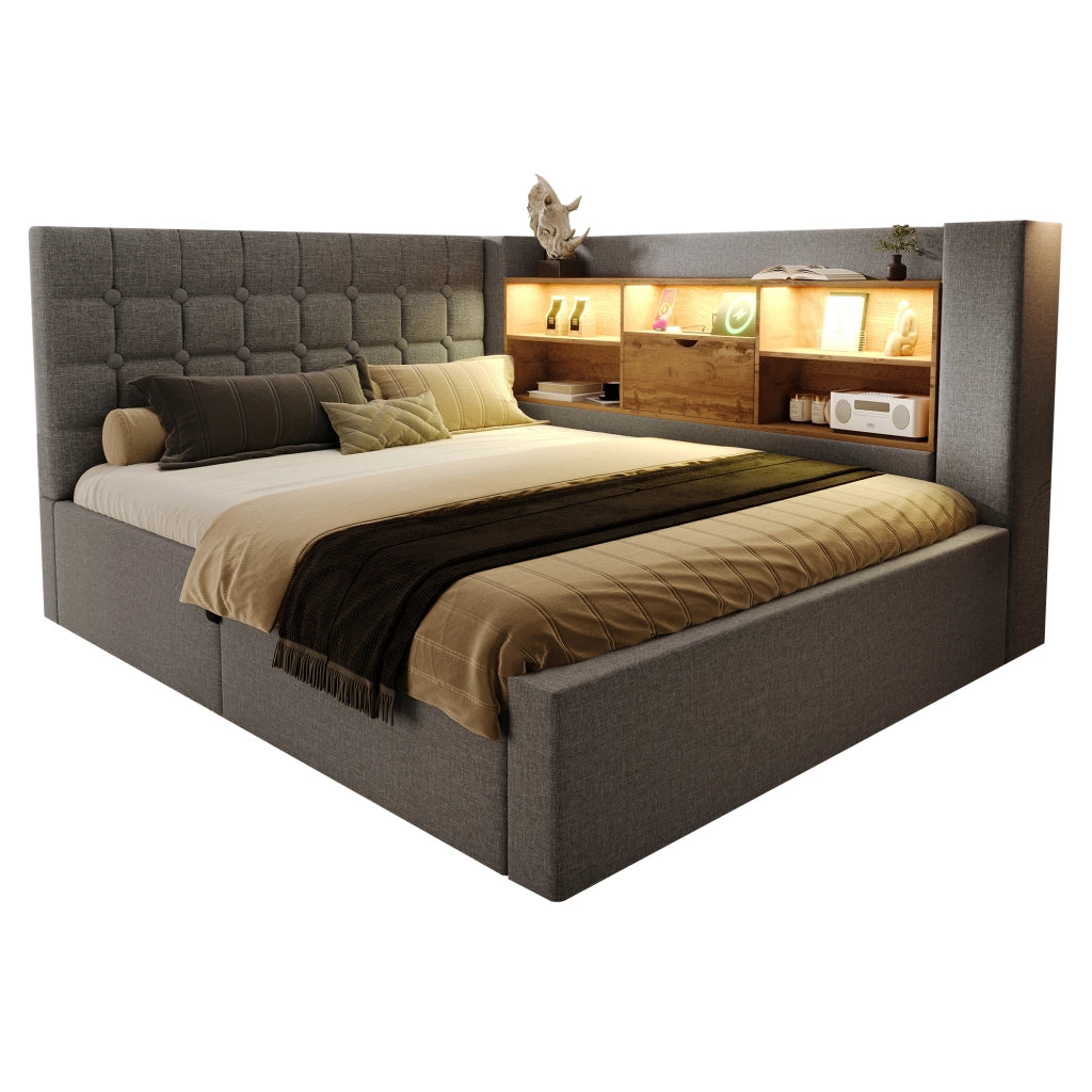 Letto matrimoniale 140x190 cm con LED, USB, contenitore idraulico, testiera a L reversibile, grigio