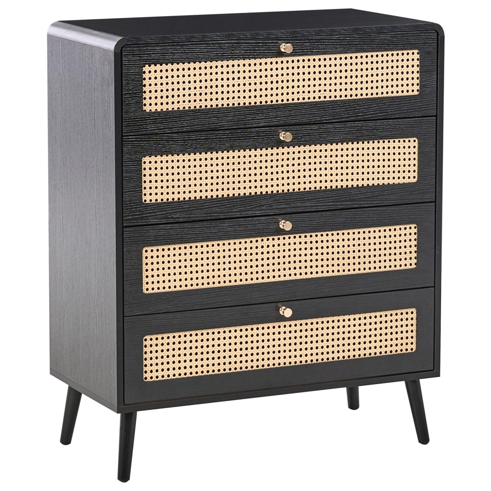 Cassettiera MDF 4 cassetti Gambe in legno Maniglie dorate Stile boho PE Rattan Nero