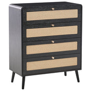 Cassettiera MDF 4 cassetti Gambe in legno Maniglie dorate Stile boho PE Rattan Nero