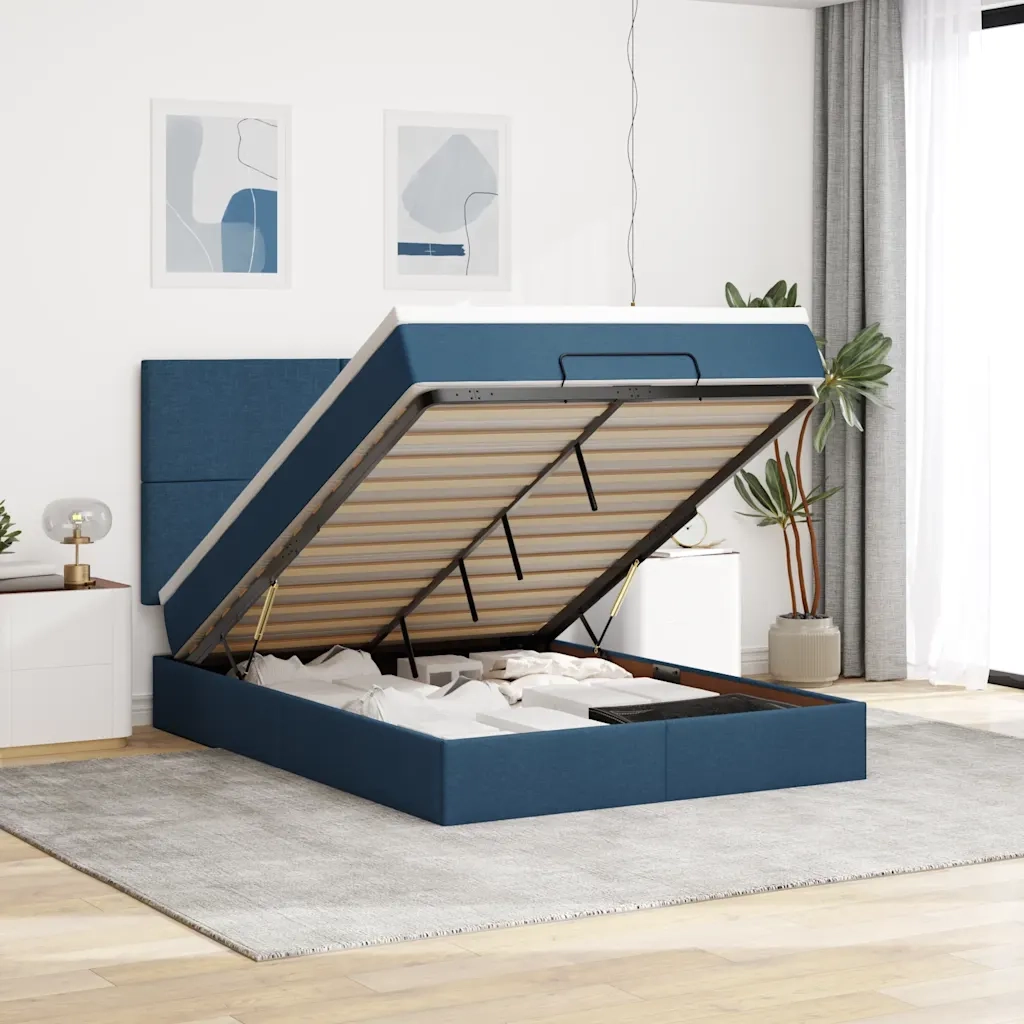 Struttura Letto Pouf con Materasso Blu 140x190 cm in Tessuto 3313926