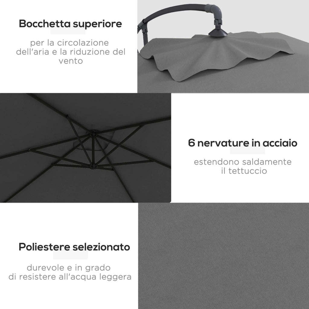 Ombrellone da Giardino Decentrato con Base a Croce e Apertura a Manovella, 294x193cm, Grigio