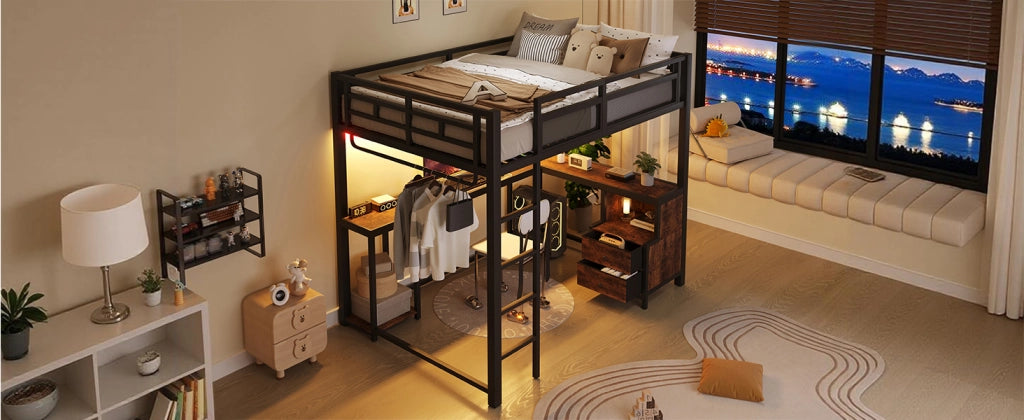 LETTO a soppalco 140x200 cm in metallo nero con scrivania, ripiani e barra appendiabiti