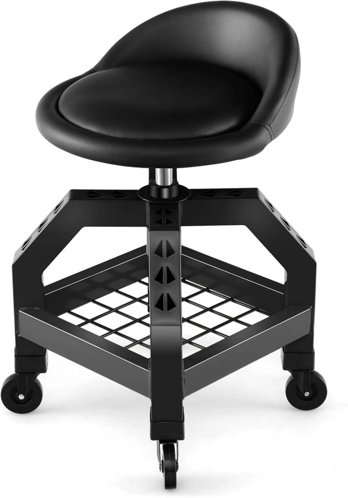 Sgabello da Officina, Sgabello Meccanico Rotante con Vassoio Porta Attrezzi, Regolabile in Altezza e 4 Ruote Universali, Capacità di 150 kg, per Garage, Officina (Nero)