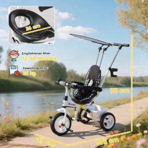 Triciclo Bambini 6-in-1 con Maniglia Spinta, Tetto, Cintura e Cesto Portaoggetti, per 1-5 Anni, Bianco