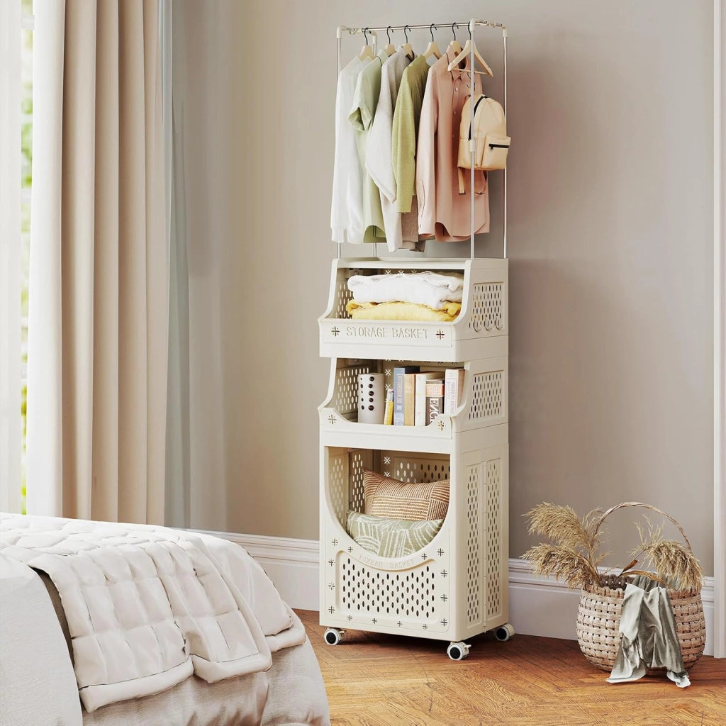 Carrello portabiancheria con 4 ruote e 6 ganci, cesto 40 L, design pieghevole, contenitore per biancheria e organizer per bagno, camera da letto, dormitorio, lavanderia (82 litri, con