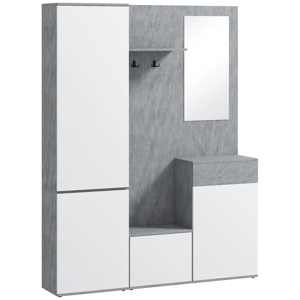 Mobile Ingresso con Specchio, Ganci e Ripiani ¨C Zephmum ¨C Grigio e Bianco, Legno, 145x29x184 cm