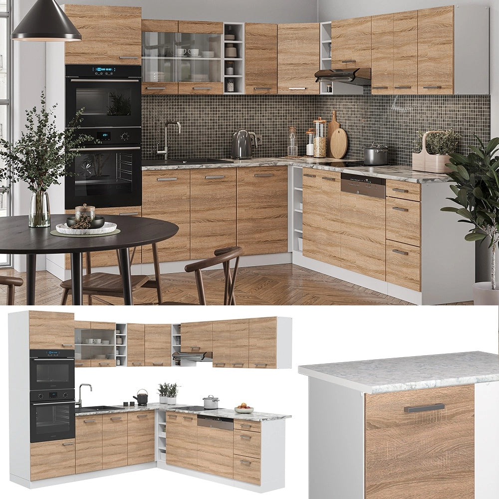 Cucina angolare completa R-Line Sonoma/Bianco 247 x 237 cm, PL Marmo Vicco