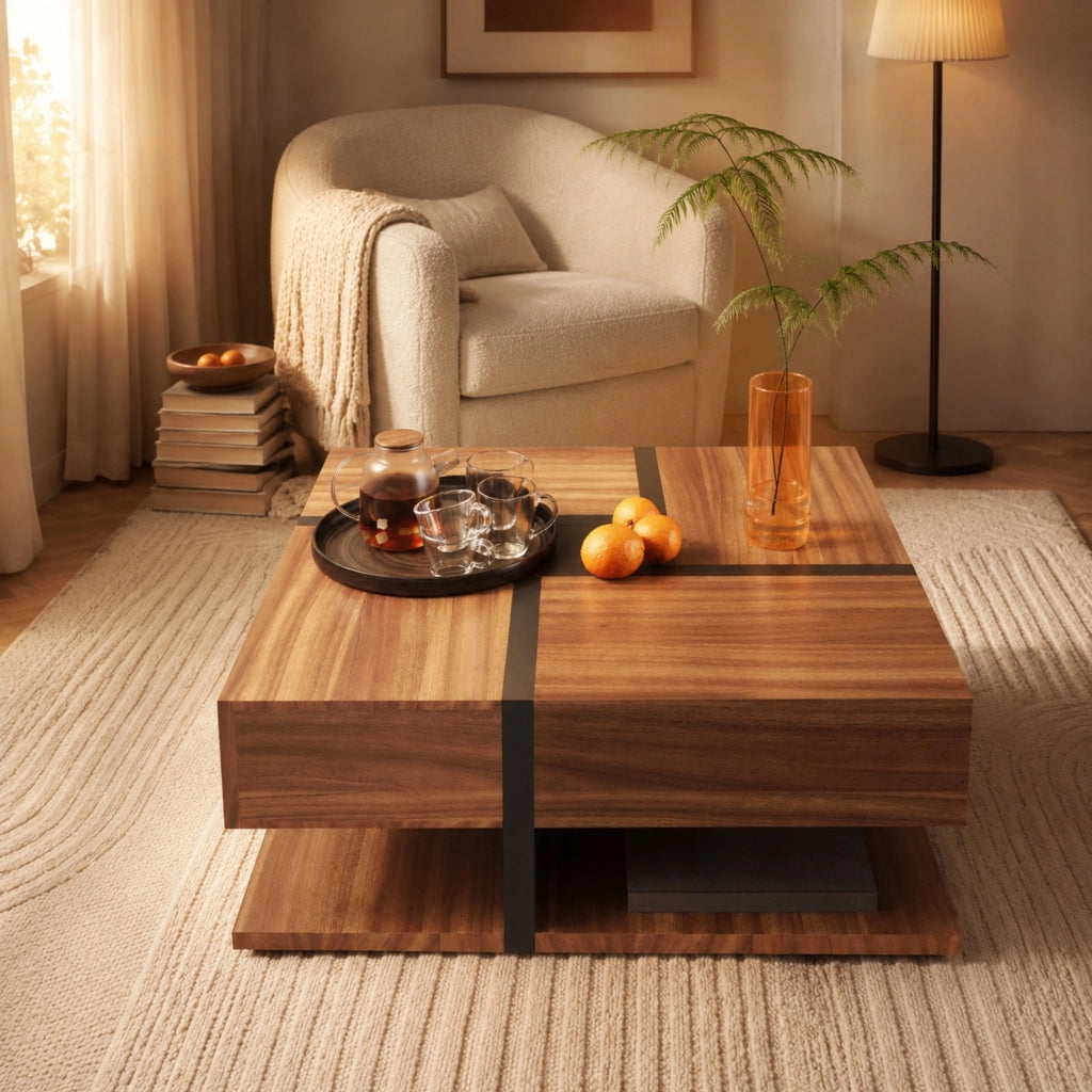 Tavolino da caffè quadrato 78x78x36 cm con 4 cassetti e ripiano inferiore