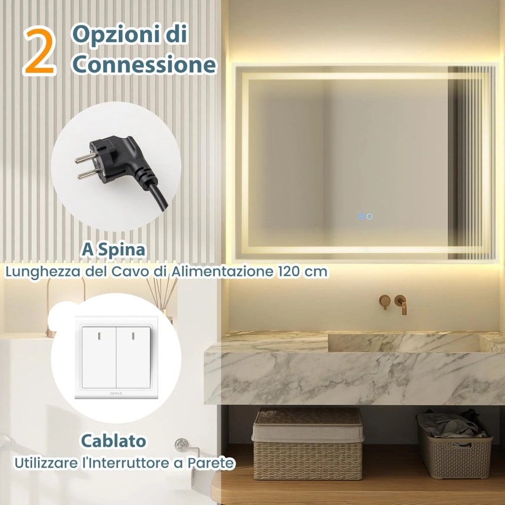 Specchio da Parete 80 x 60cm, Specchio da Bagno Rettangolare con Luce Led a 3 Colori, Interruttore Touch, Funzione Antivapore e Memoria, IP44