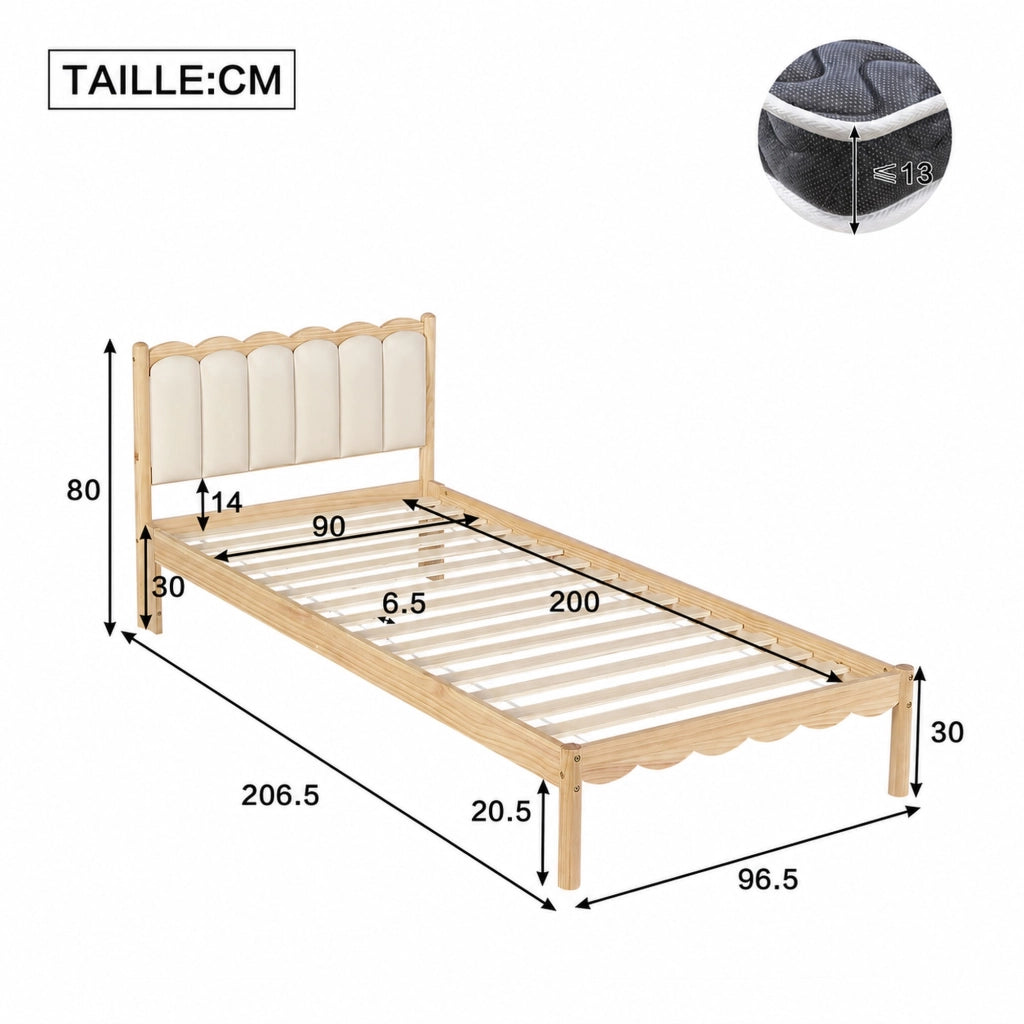 Letto per bambini 90 × 200 cm con testiera in PU, struttura in legno massiccio, senza materasso, beige naturale