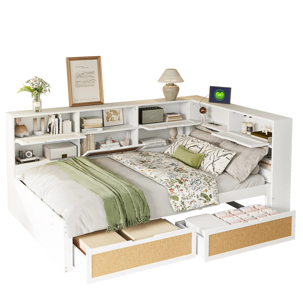 Divano letto 140x200 cm con USB e spazio contenitore in MDF bianco