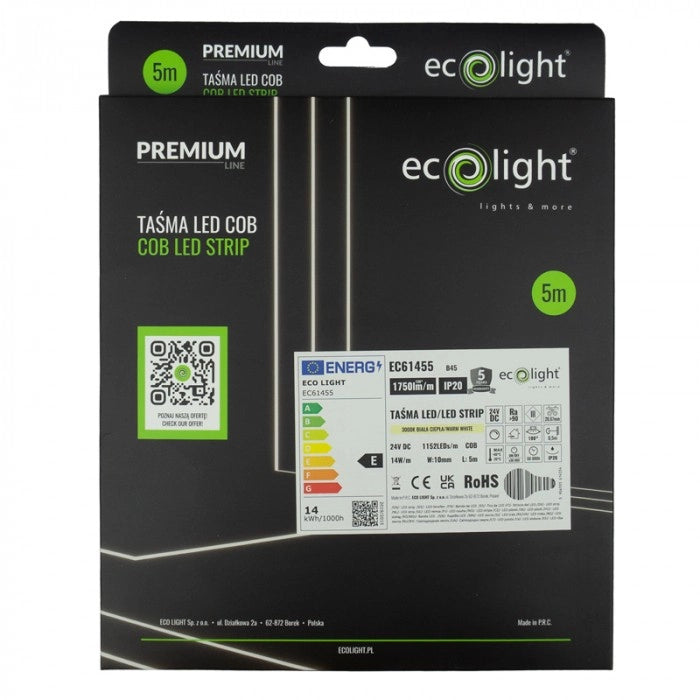 Striscia LED COB 24V 3000K 14W 1750lm/m IP20 5m Ecolight