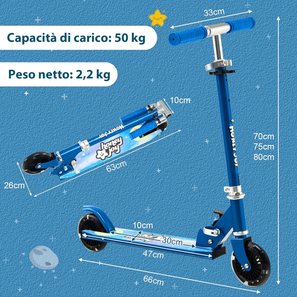 Monopattino Bambini, Monopattino Bambino e Bambina +3 Anni Pieghevole con 2 Ruote Lampeggianti, Manubrio Regolabile e Freno (Blu)