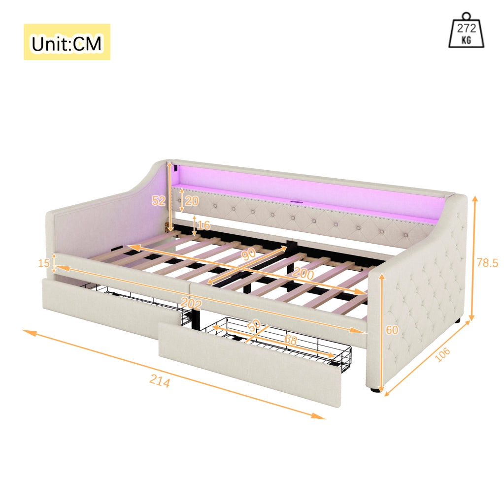 Letto a una piazza 90x200 con luci LED, due cassetti e porta USB