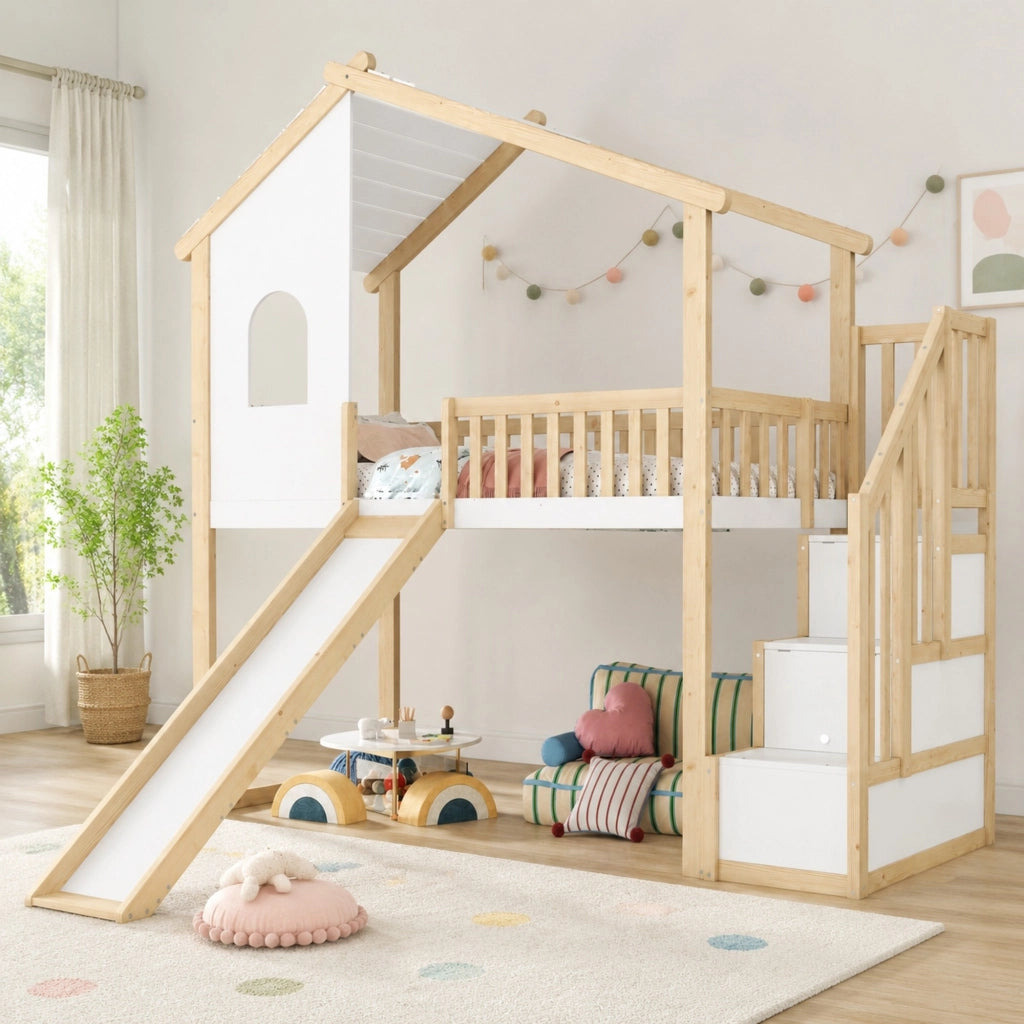 Letto a soppalco per bambini 90x200 cm con scivolo