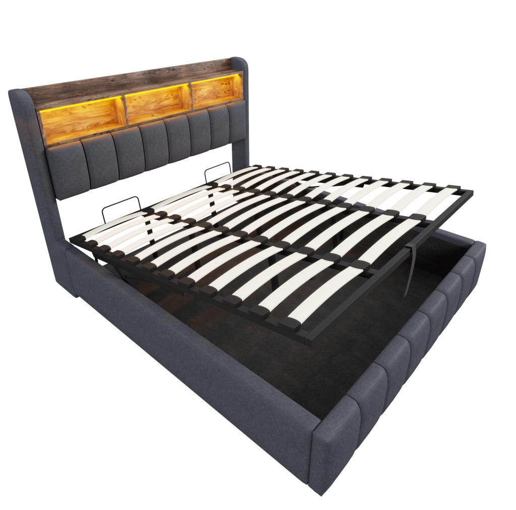 Letto matrimoniale imbottito 180x200 cm grigio con LED; USB e contenitore idraulico