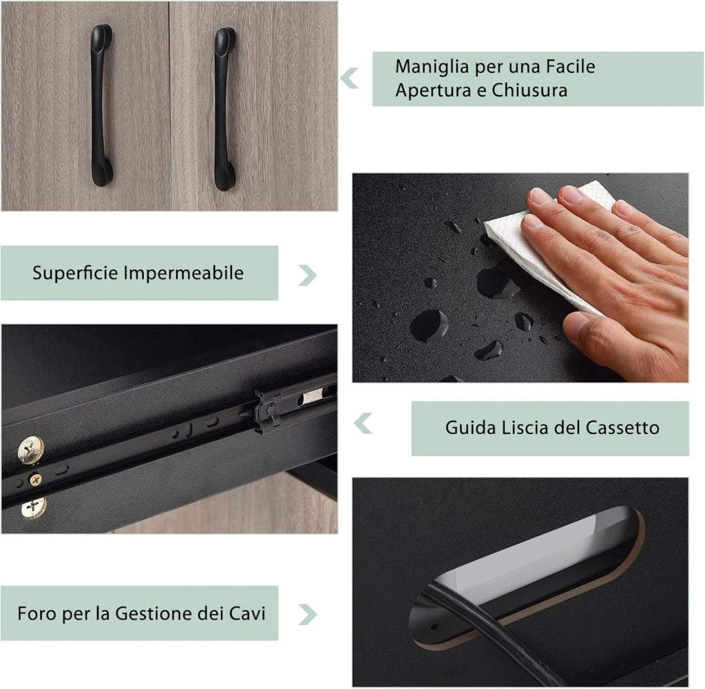 Credenza Alta per Cucina, Mobile da Cucina Moderno con 2 Ante e Cassetto, con Ripiani Regolabili e Foro per Cavi, Ampio Spazio Aperto per Microonde, 60 x 40 x 180 cm (Nero)