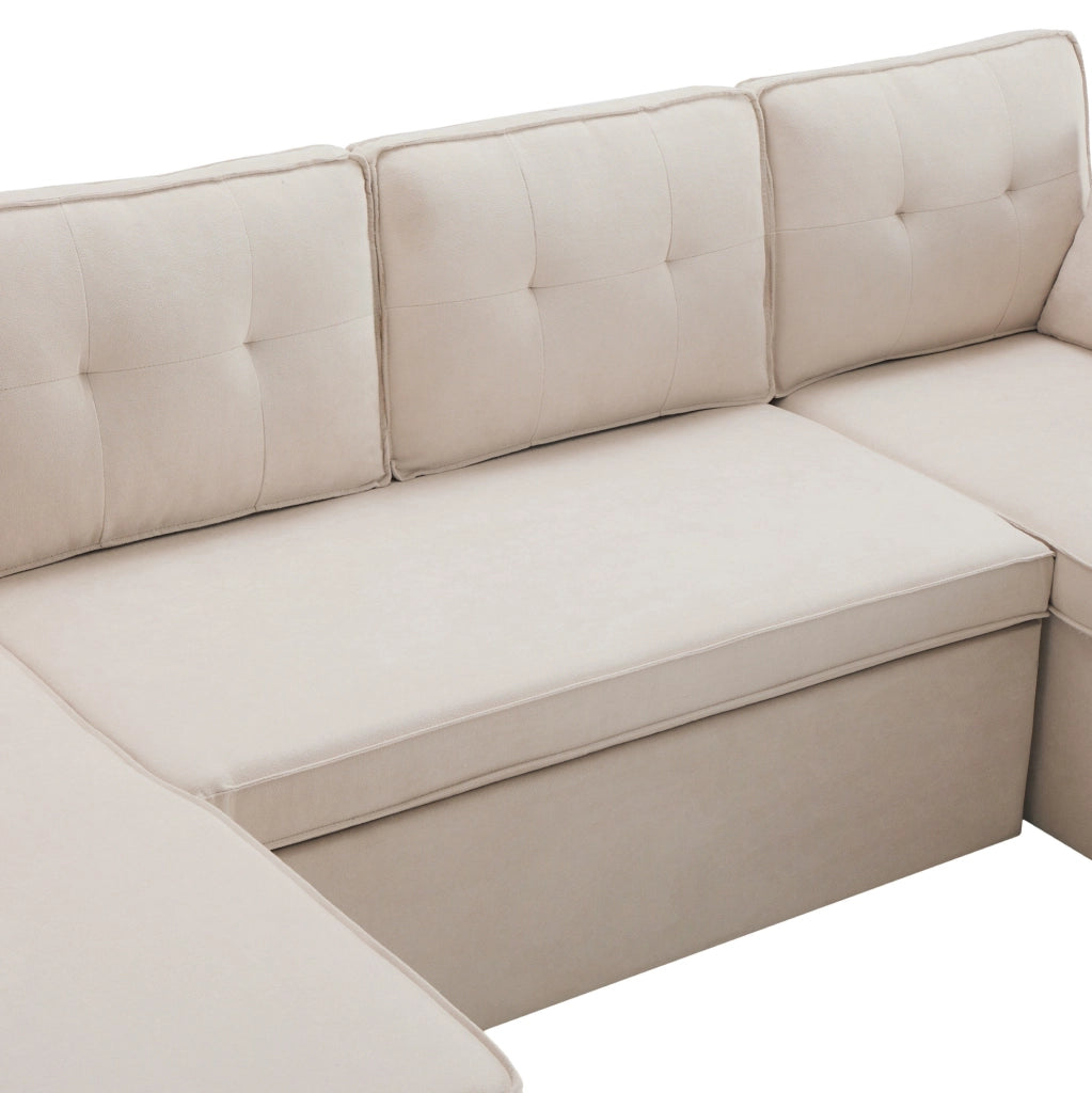 Divano letto a U 4 posti beige effetto lino con contenitori, portabicchieri e cuscini inclusi