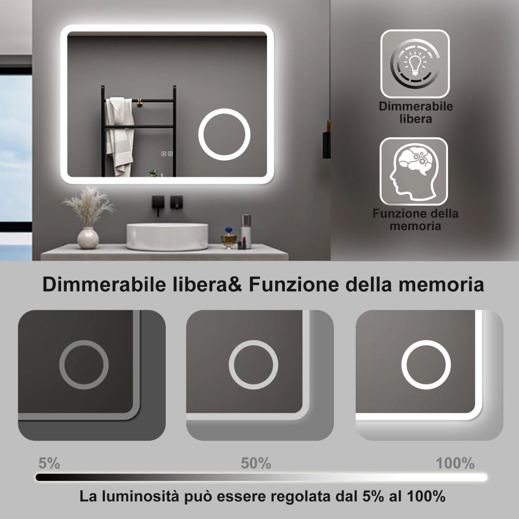 AICA Specchio da bagno  60 x 80 cm, dimmerabile, Blue tooth, Funzione Memoria, antiappannamento, 3 colori, Magnificatore