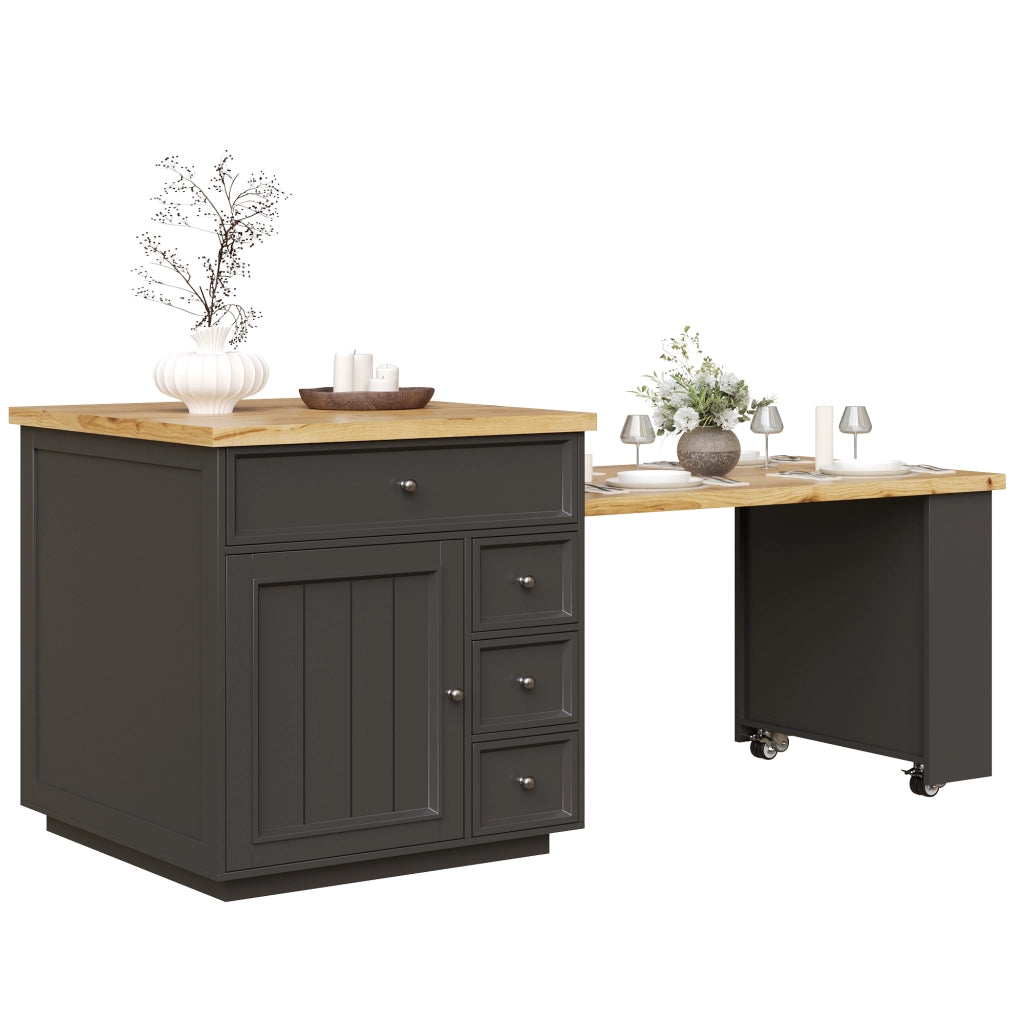 Isola Cucina Allungabile con Cassetti e Ruote ¨C MINIMAL ¨C Piano Effetto Legno, Nero, 120-184 cm