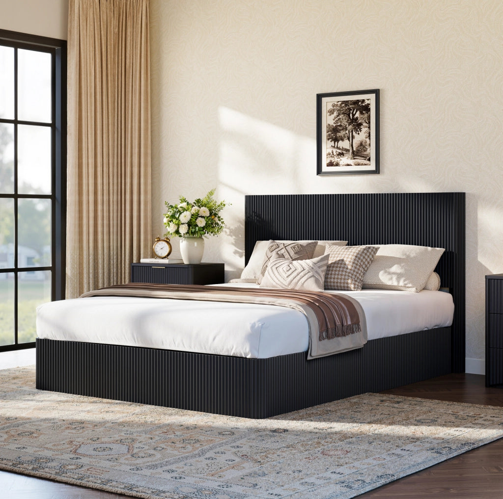 Letto con contenitore 160x200 cm con sollevamento idraulico in MDF e metallo nero