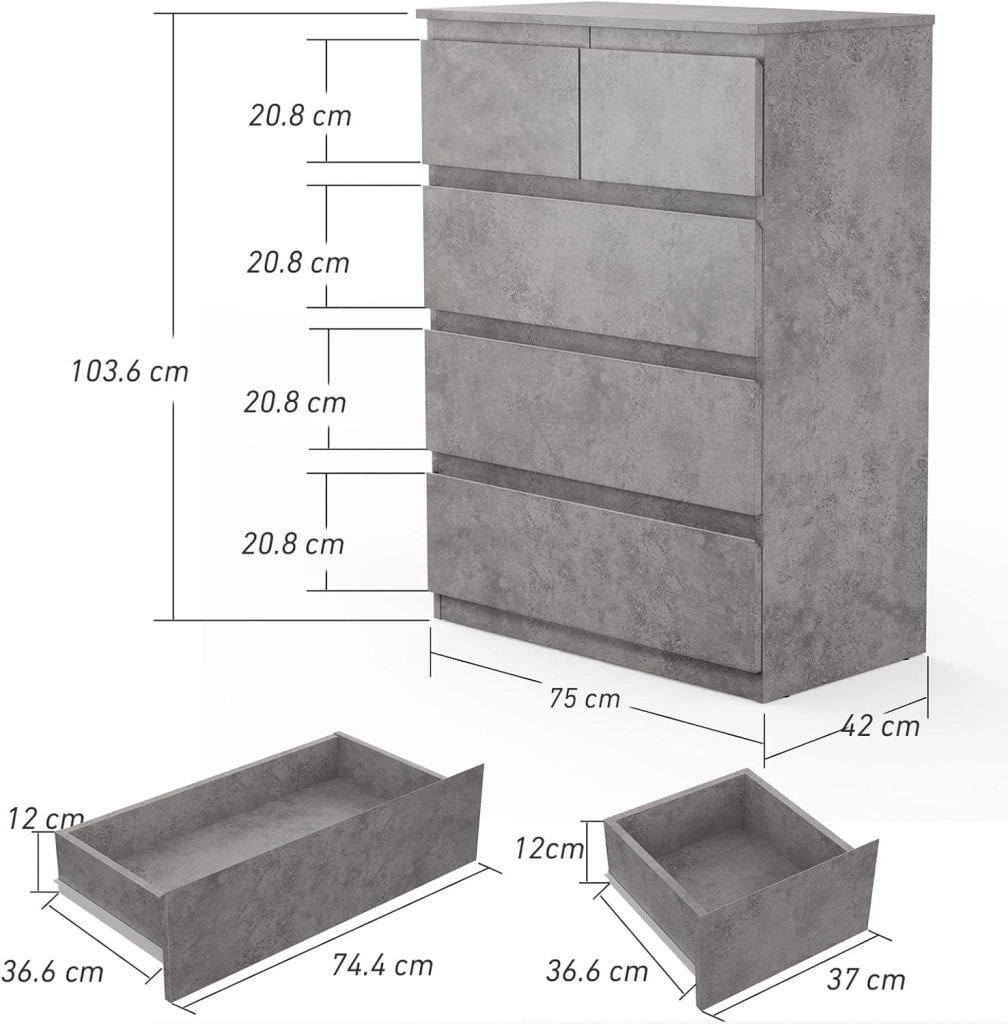 Mobili Cassettiera con 5 Cassetti, Armadietto per Camera da Letto e Bagno, Multifunzione, in Legno (Grigio)