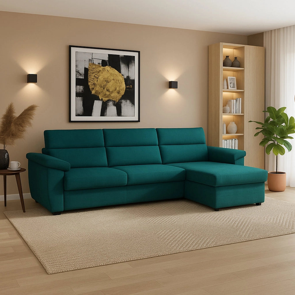 Ceto, Divano Fisso con Penisola Sfoderabile Made in Italy, 285x160 cm Azzurro