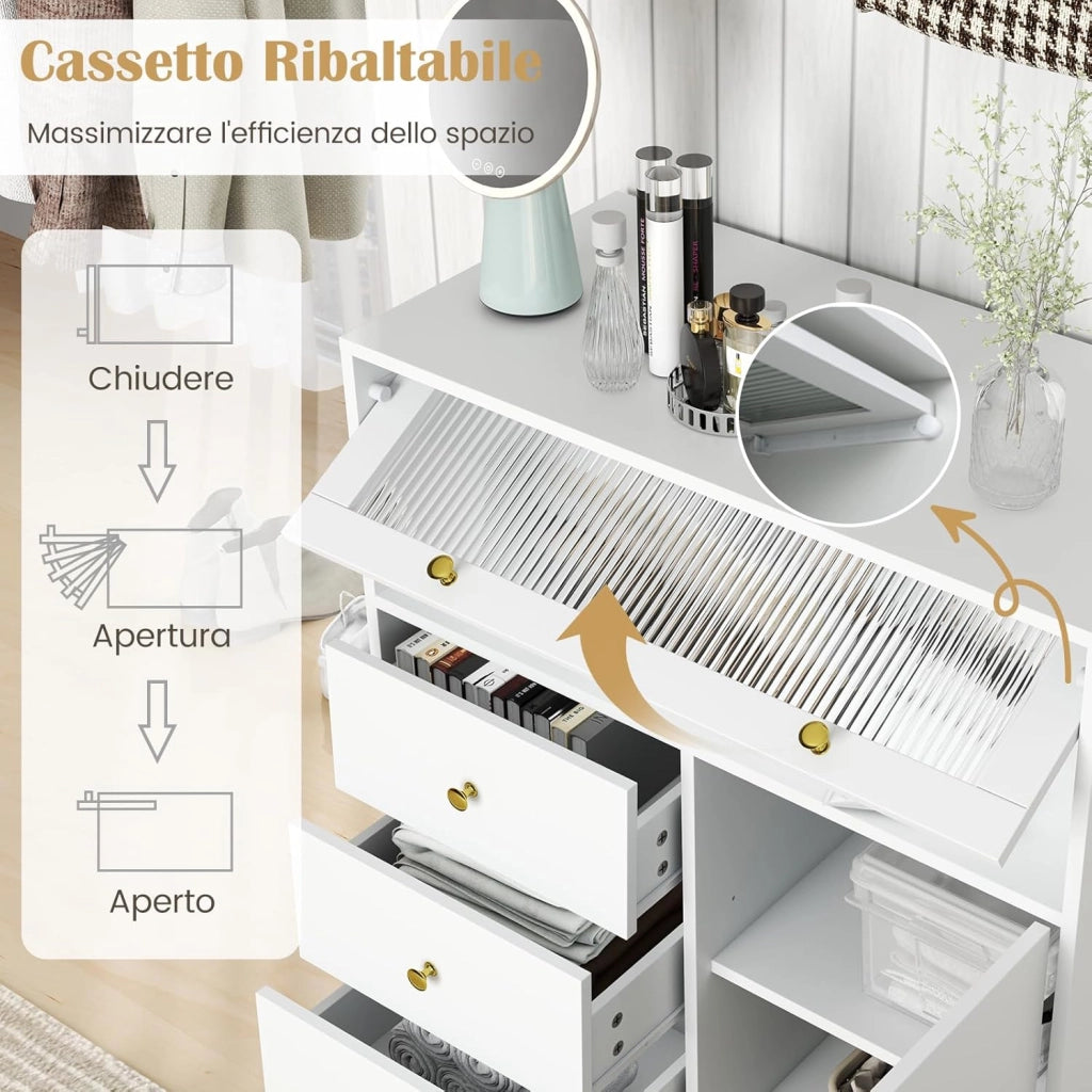 Cassettiera Credenza Camera da Letto a 3 Cassetti, Mobile con Ante e Scomparto con Vetrina Ribaltabile, Comò per Ingeresso, Soggiorno e Cucina, 80 x 40 x 95,5 cm, Bianco