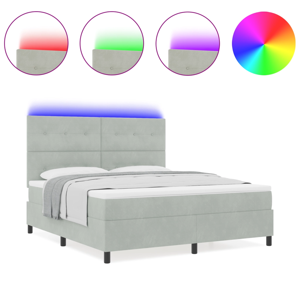Letto a box spring  con materasso e luce LED grigio chiaro 180x200 cm in velluto