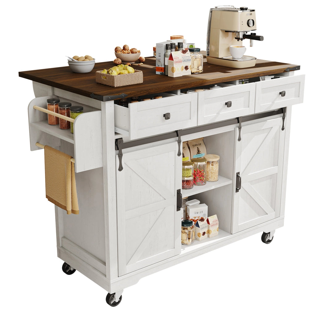 Carrello da cucina con 3 Cassetti; 2 Ante Scorrevoli; Piano Pieghevole e Ruote; in MDF; 140x45x94 cm; Beige