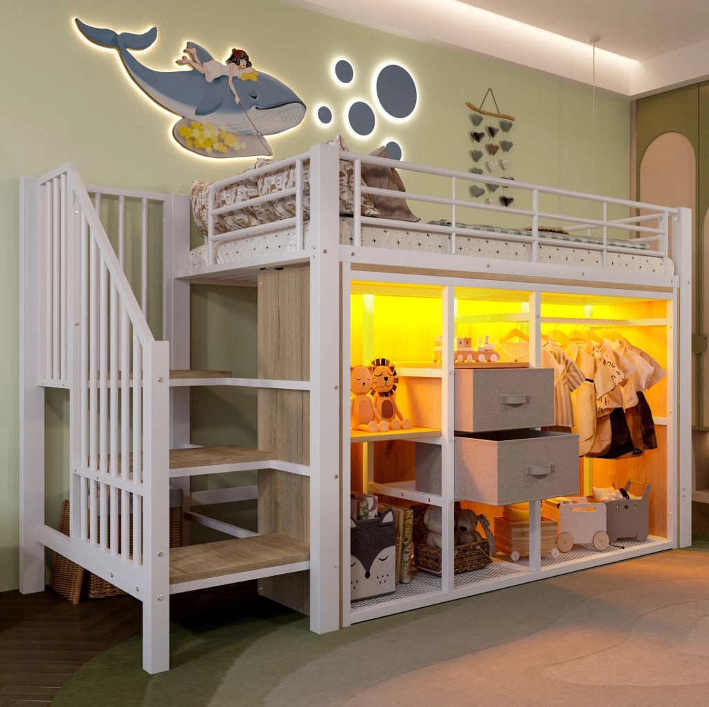 Letto semi-alto 90x200 cm con armadio aperto e LED