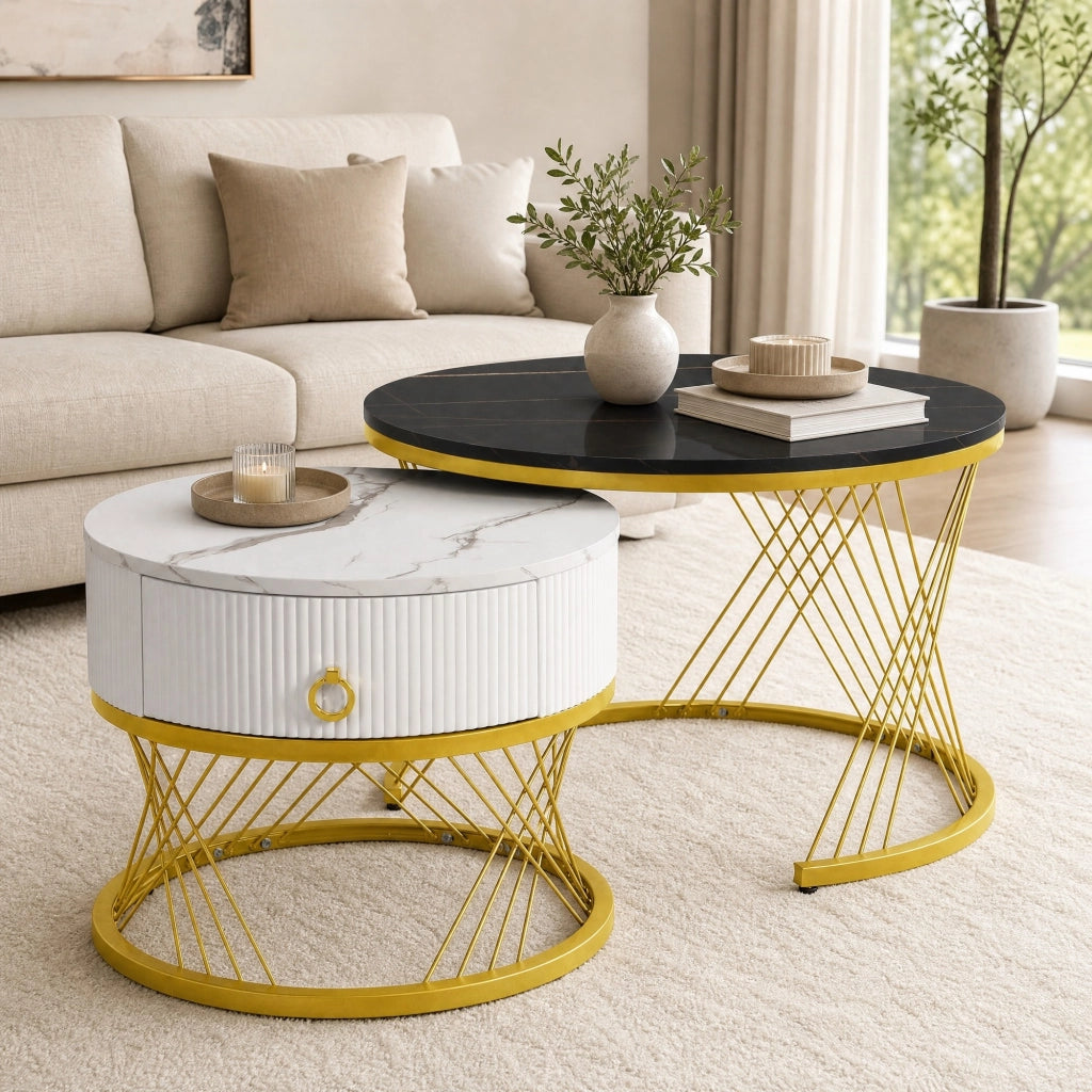 TAVOLINO da caffè modulare set da 2 pezzi MDF nero effetto marmo